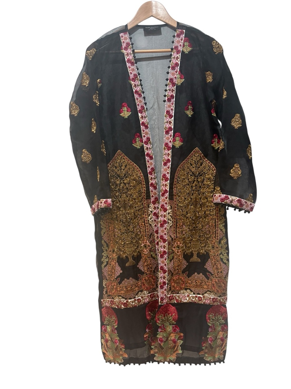 Black Embroidered Floral Long Kimono duster Robe Koti with Gold Accents